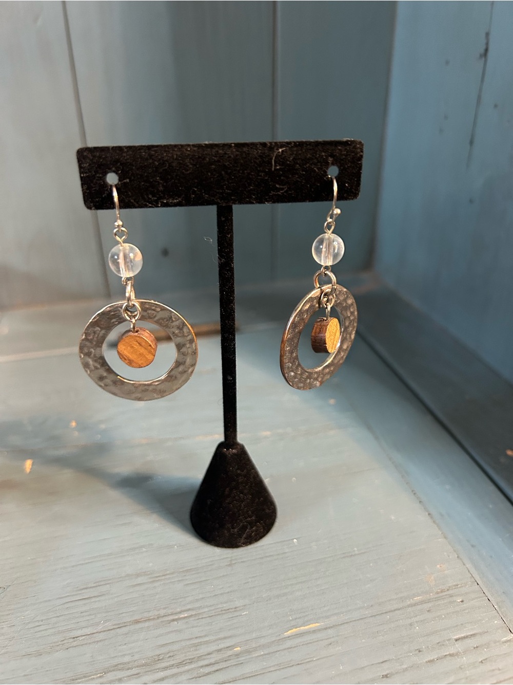 Handcrafted Dangle Earrings - Silver Hoops with Wood Discs | 2”